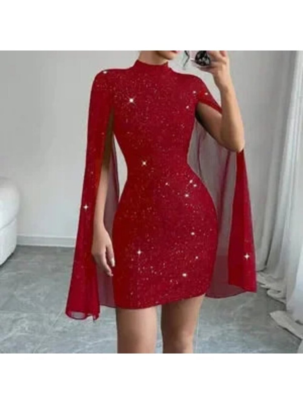 Red Party Women's Fitted Short Casual Mock Neck Flared Sleeve Bodycon Dress - Picture 5 of 5